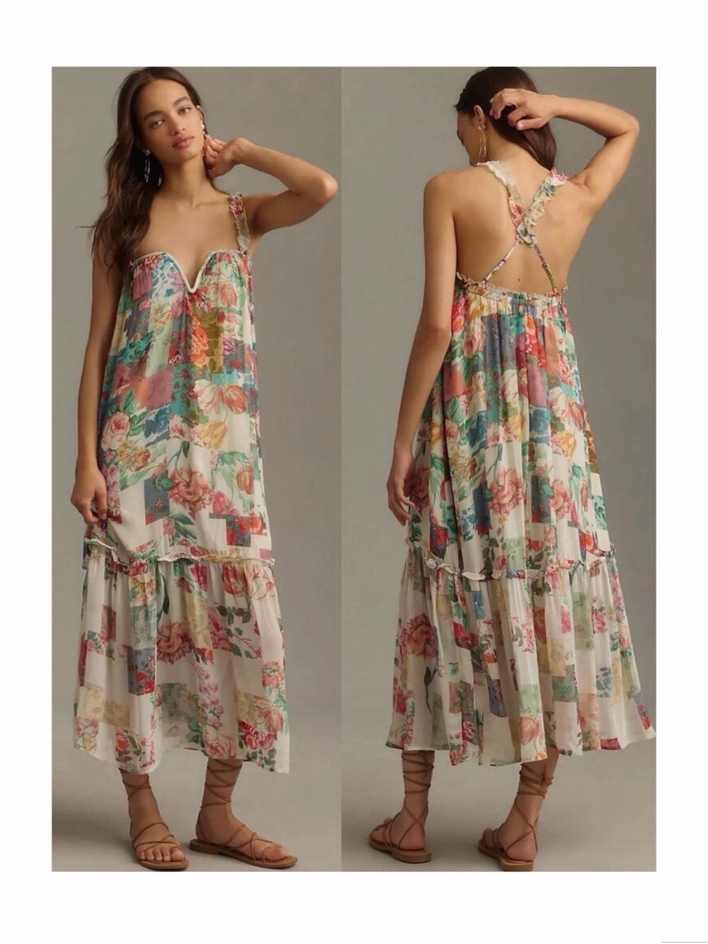 Anthropologie Floral Patchwork Maxi Dress in Teal, Pink & Yellow